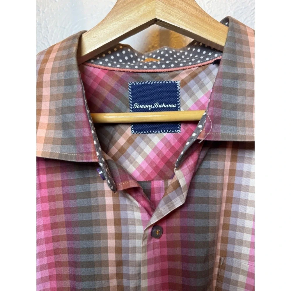 Tommy Bahama Mens XL Plaid Long Sleeve Button‎ Down Shirt Pink Brown Gray Cotton